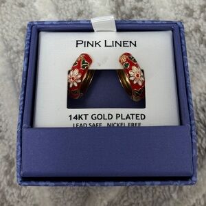 Pink Linen 14KT gold plated red Huggie Japanese style earrings